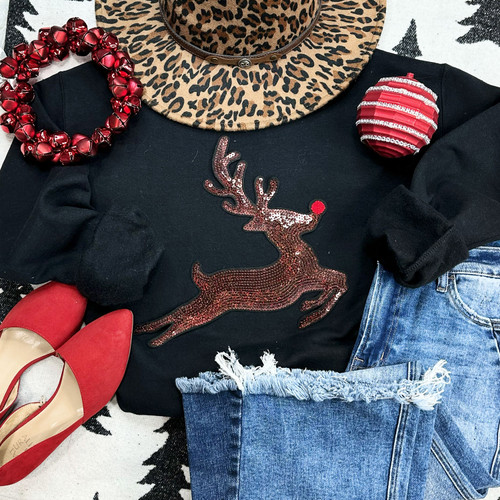 Sequin Reindeer Patch Crewneck Sweatshirt