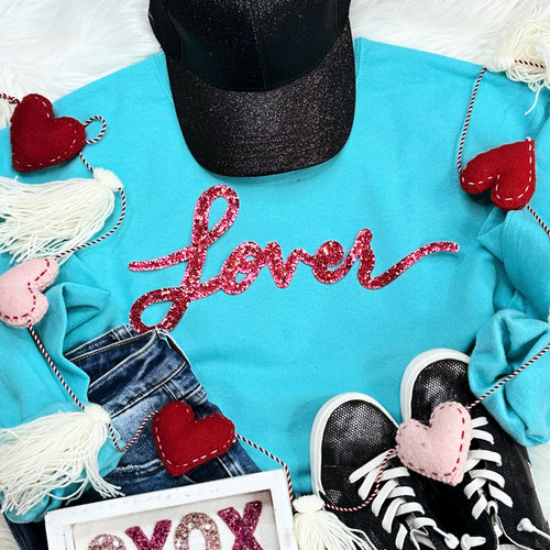 LOVER Red Sequins Patch Scuba Blue Crewneck Sweatshirt