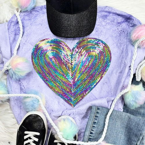 Rainbow HEART Sequin Patch Pigment Dyed Tee