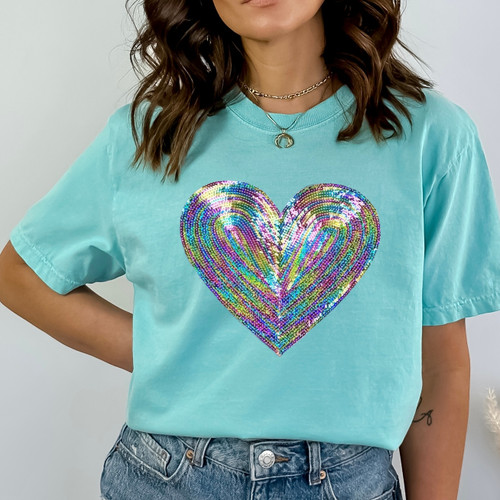 Rainbow HEART Sequins Patch Pigment Dyed Tee