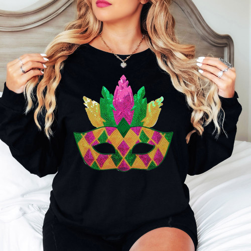 Mardi Gras Mask Sequin Patch Black Crewneck Sweatshirt