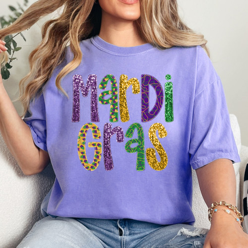 Mardi Gras Faux Sequins Pigment Dyed Tee