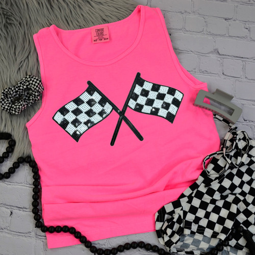Checkered Flags Sequin Patch Pigment Dyed Tank