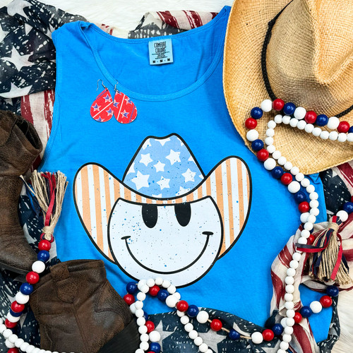 Patriotic Cowboy Happy Face Pigment Dyed Tank