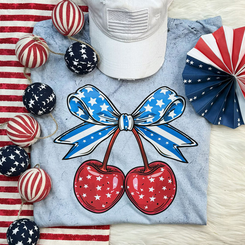Patriotic Cherries With Bow Pigment Dyed Tee