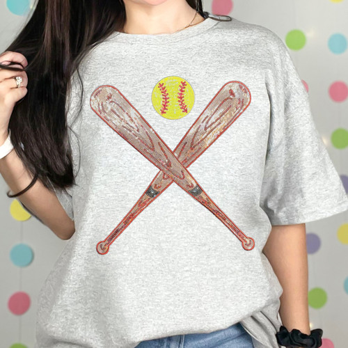 Sequin Bats and Softball Patch Ash Everyday Tee