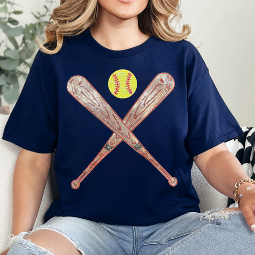 Sequin Bats and Softball Patch Navy Everyday Tee