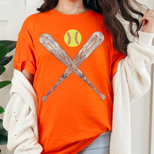 Sequin Bats and Softball Patch Orange Everyday Tee