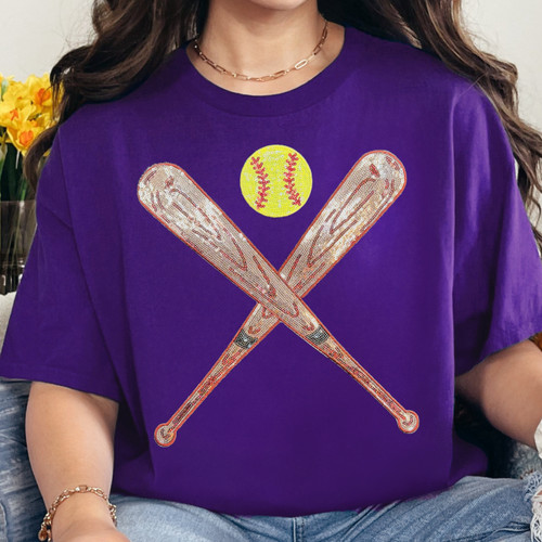 Sequin Bats and Softball Patch Purple Everyday Tee