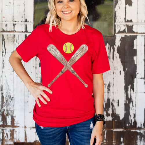 Sequin Bats and Softball Patch Red Everyday Tee