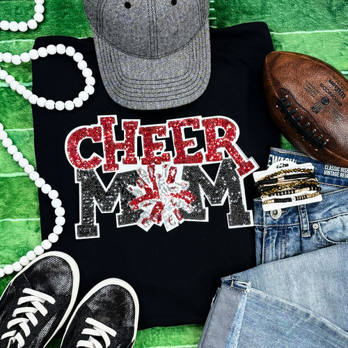 Red Sequin Cheer Mom Patch Black Everyday Tee