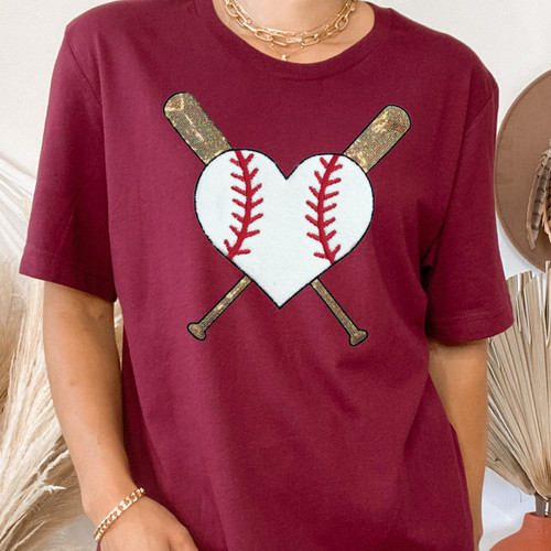 Baseball Heart and Bats Chenille/Sequin Patch Garnet Everyday Tee