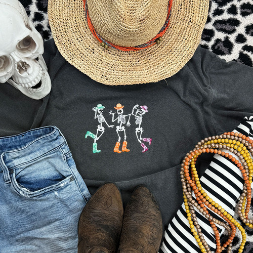 Dancing Cowboy Skeletons Embroidered Pepper Pigment Dyed Tee