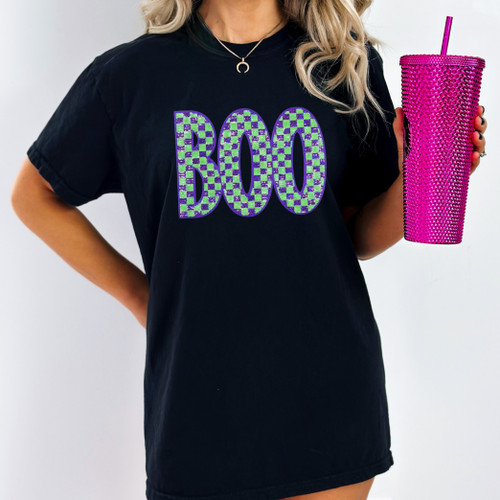 Purple and Green Checkered Boo Sequin Patch Pigment Dyed Tee