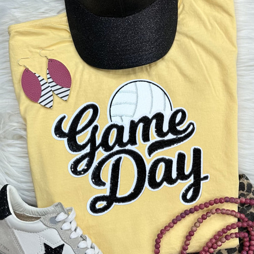 Black Sequin Volleyball Game Day Patch Butter Pigment Dyed Tee