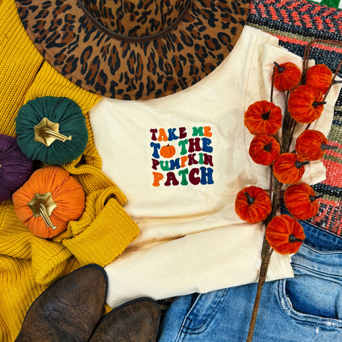 Take Me To The Pumpkin Patch Pocket Embroidered Ivory Pigment Dyed Tee