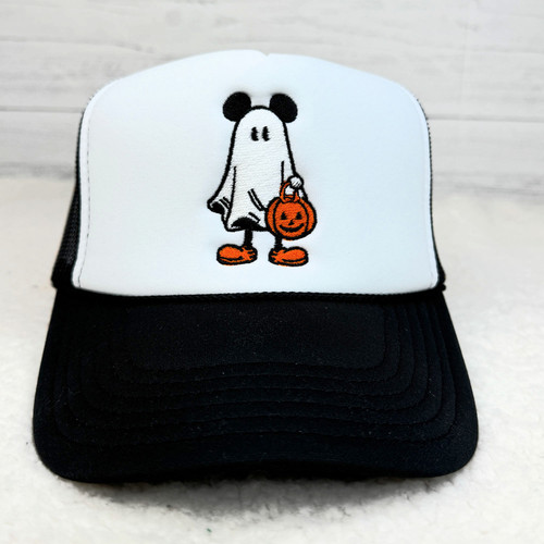 Trick Or Treat Ghost Mouse Black and White Trucker Cap