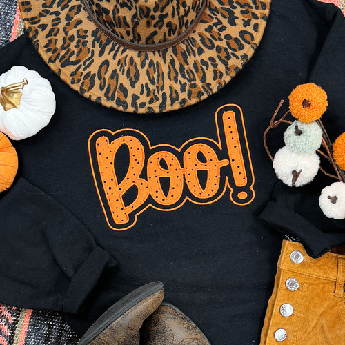 BOO! Embroidered Applique Black Crewneck Sweatshirt