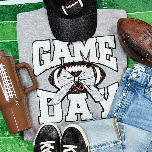 White Chenille Football Game Day with Sequin Bow Patch Sport Grey Everyday Tee