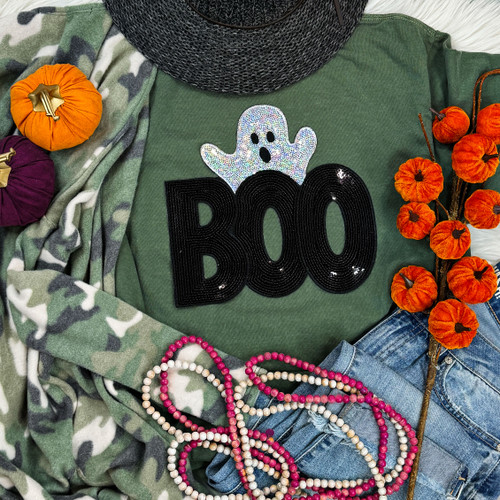 Sequin BOO Ghost Patch Moss Pigment Dyed Tee