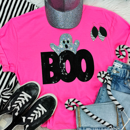 Sequin BOO Ghost Patch Neon Pink Pigment Dyed Tee