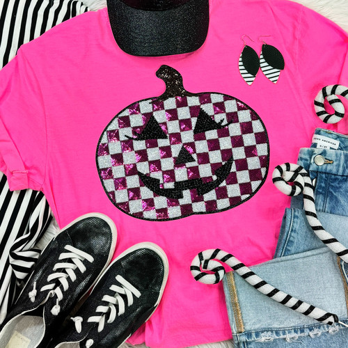 Sequin Checkered Pumpkin with Rhinestones Neon Pink Pigment Dyed Tee