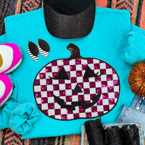 Sequin Checkered Pumpkin with Rhinestones Patch Scuba Blue Crewneck Sweatshirt