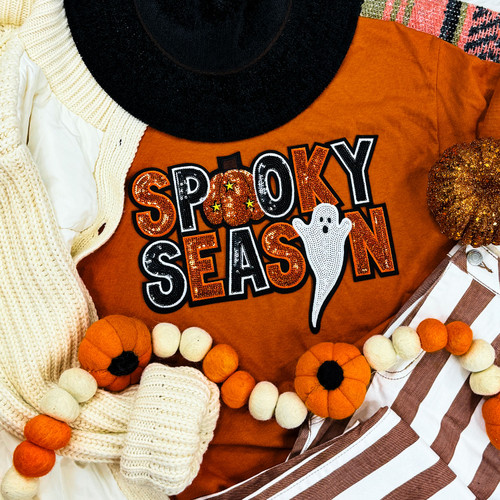 Sequin Spooky Season Patch Texas Orange Everyday Tee