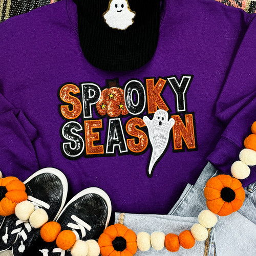 Sequin Spooky Season Patch Purple Crewneck Sweatshirt