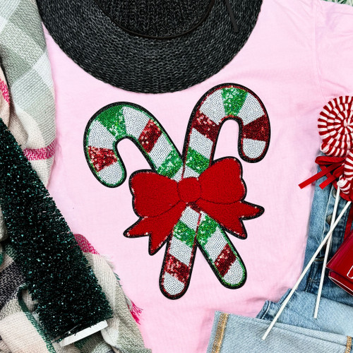 Sequin Candy Canes with Bow Patch Blossom Pigment Dyed Tee