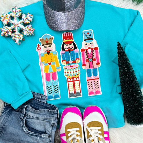 Nutcrackers Chenille Embroidered Patch Bundle Scuba Blue Crewneck Sweatshirt