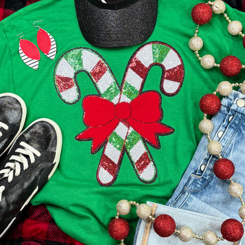 Sequin Candy Canes with Bow Patch Turf Green Everyday Tee