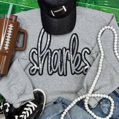 Sharks Sequin Patch Sport Grey Crewneck Sweatshirt