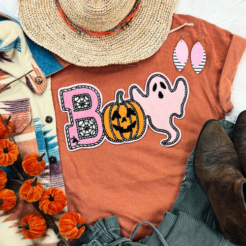 BOO Spider Pumpkin Ghost Patch Yam Pigment Dyed Tee