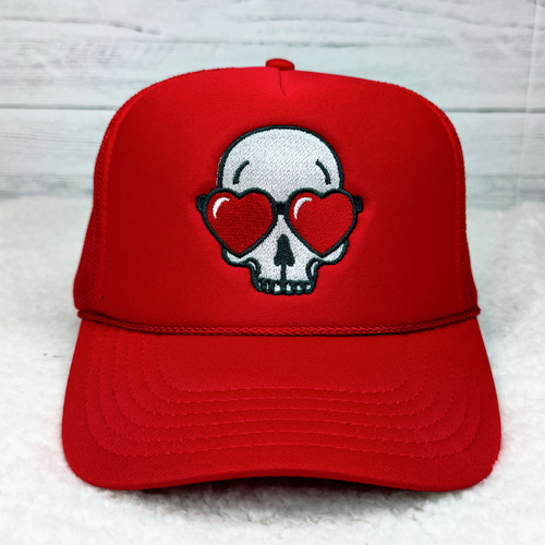 Skellie Heart Glasses Embroidered Red Trucker Cap