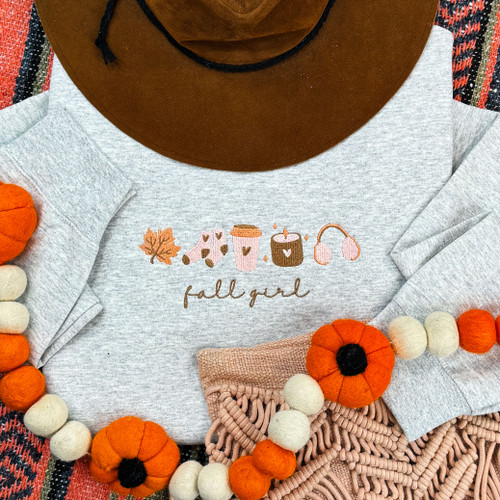 Fall Girl Embroidered Ash Crewneck Sweatshirt