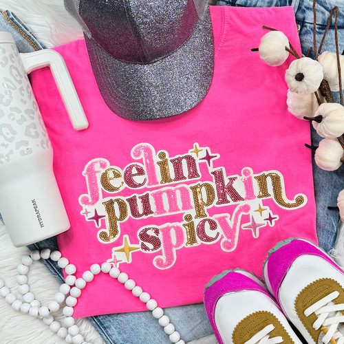 Sequin Feelin' Pumpkin Spicy Patch Neon Pink Pigment Dyed Tee