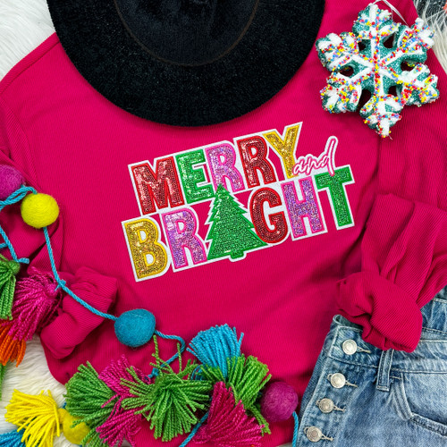 Sequin Merry and Bright Patch Trendy Ribbed Crewneck Heliconia