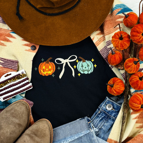 Two Pumpkins and Bow Embroidered Pigment Dyed Tee