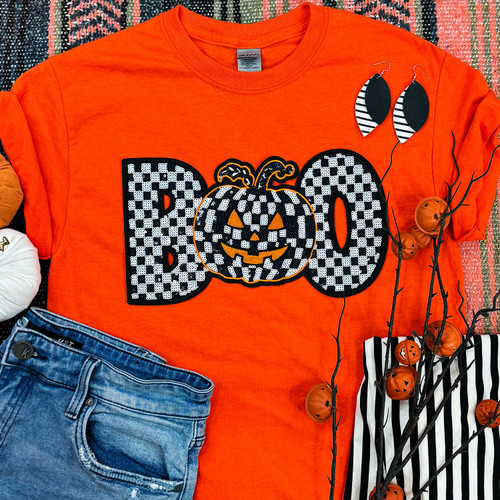 BOO Checkered Pumpkin Sequin Patch Orange Everyday Tee