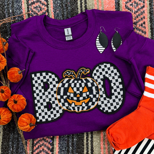 BOO Checkered Pumpkin Sequin Patch Purple Crewneck Sweatshirt