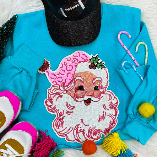 Sequin Pink Santa Patch Scuba Blue Crewneck Sweatshirt