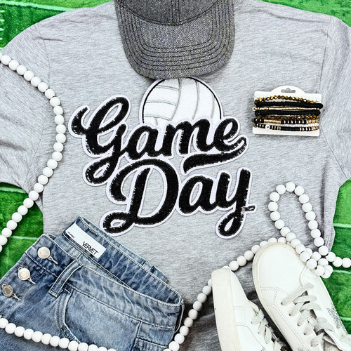 Black Sequin Volleyball Game Day Patch Sport Grey Everyday Tee