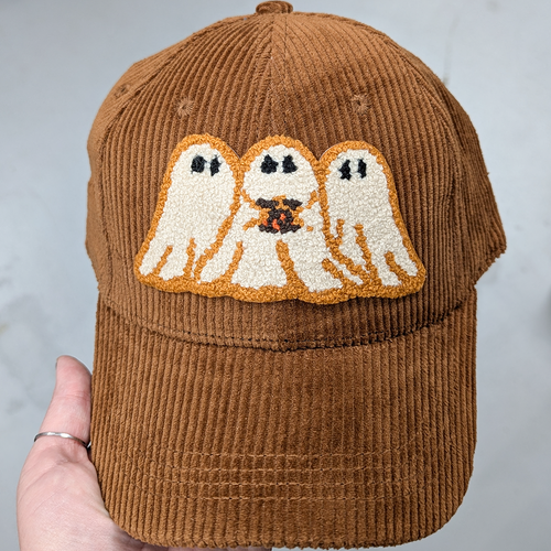 Brown Corduroy Hat With Ghosts Chenille Patch