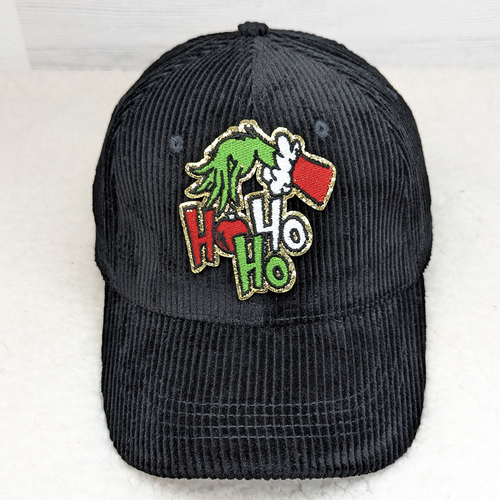 Black Corduroy Hat With Ho Ho Ho Embroidered Glitter Patch