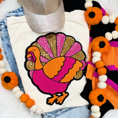 Pink Sequin Turkey Patch Pigment Dyed Tee