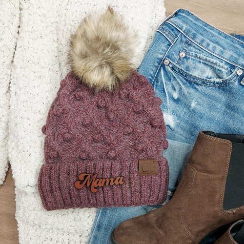 Bobble Knit Fur Pom with Mama Leather Patch C.C Beanie