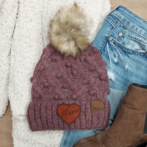 Bobble Knit Fur Pom with MAMA Heart Leather Patch C.C Beanie