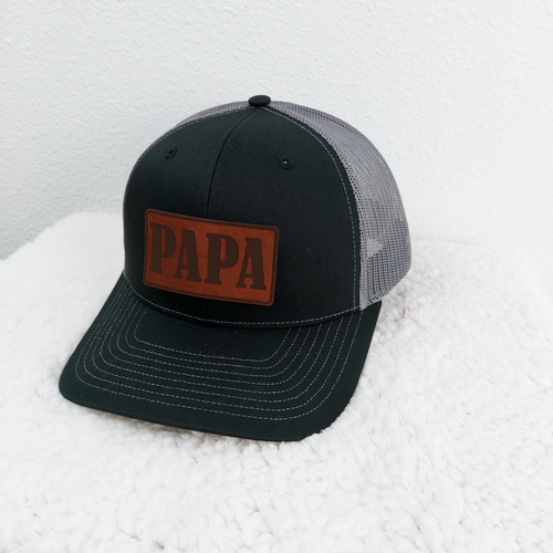 Black and Grey Richardson Trucker Hat With PAPA Leather Patch