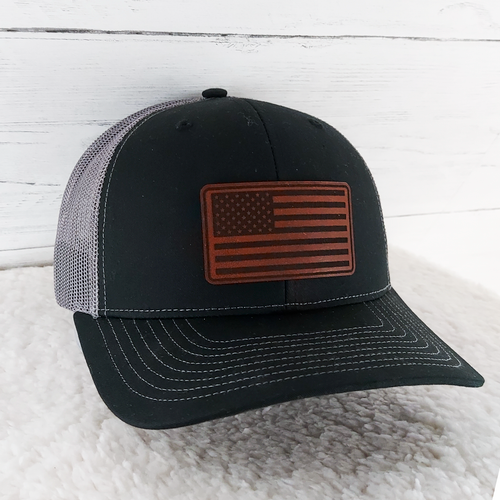 Black and Grey Richardson 112 Trucker Hat With American Flag Leather Patch